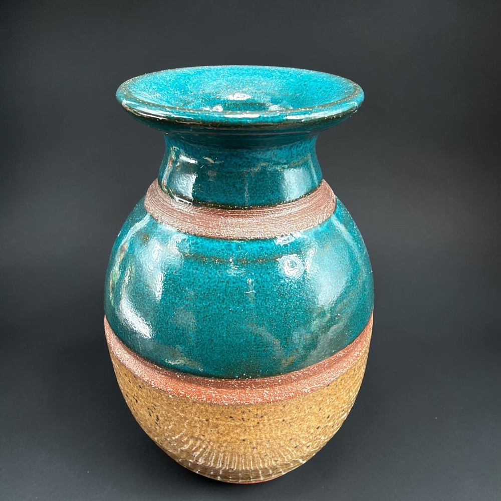 Studio Pottery Small Bud Vase Turquoise Teal Tan Glazed Signed 3 Inch Artisan